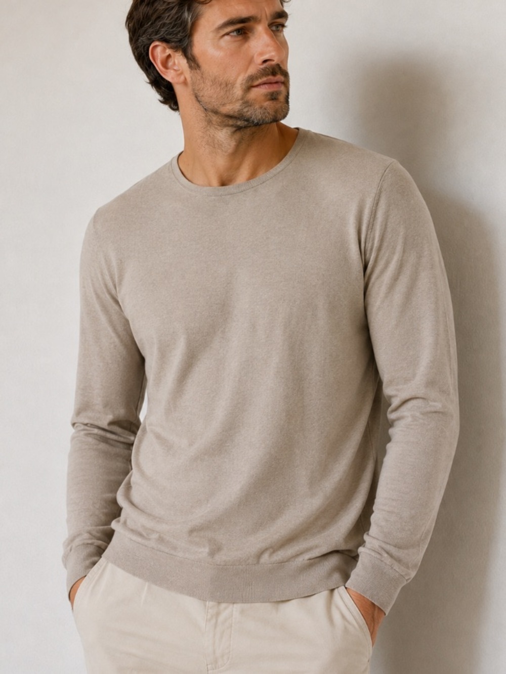 Ports  1961 Latte Lightweight Fine Knit Crewneck Sweater Cotton Silk Size